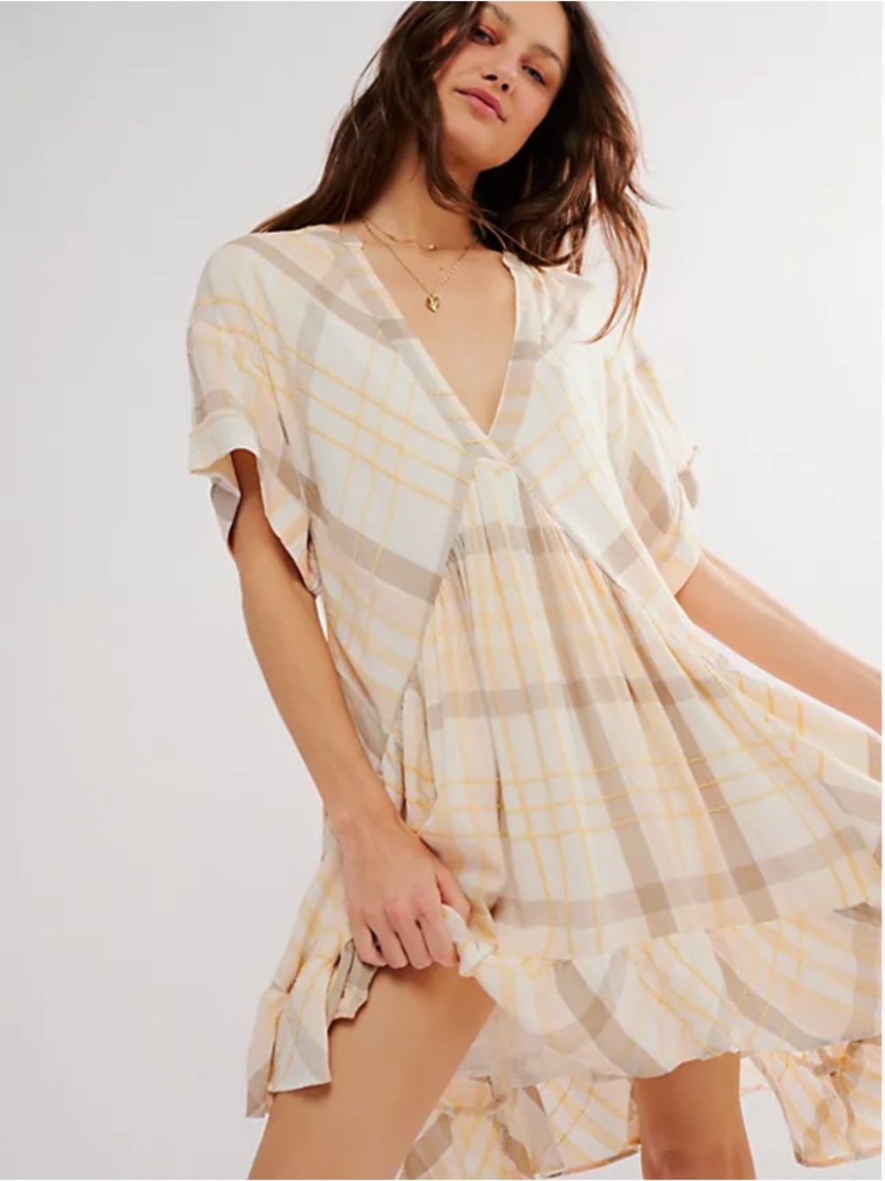 Free People Agnes Plaid V‑Neck Flowy Mini Dress in Pale Yellow & Cream
